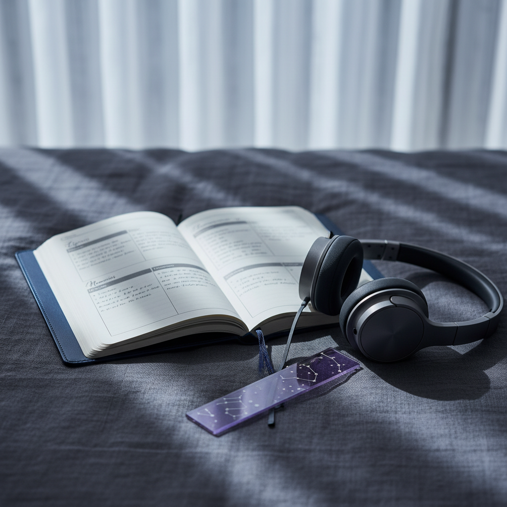 An open midnight-blue notebook lies on a charcoal linen duvet, its pages filled with neatly organized sections titled “Lyrics,” “Memories,” and “Recommendations” in refined script, but with the actual text softly blurred. Beside it, a pair of wireless headphones with matte silver accents rests atop a slender, translucent purple bookmark etched with tiny constellations. Moonlight filters through sheer curtains, casting cool, cinematic streaks across the bedding and highlighting subtle textures. Shot from a slightly elevated angle with a narrow depth of field, the atmosphere feels intimate, quiet, and sophisticated, like a late-night diary session listening to favorite BTS tracks.
