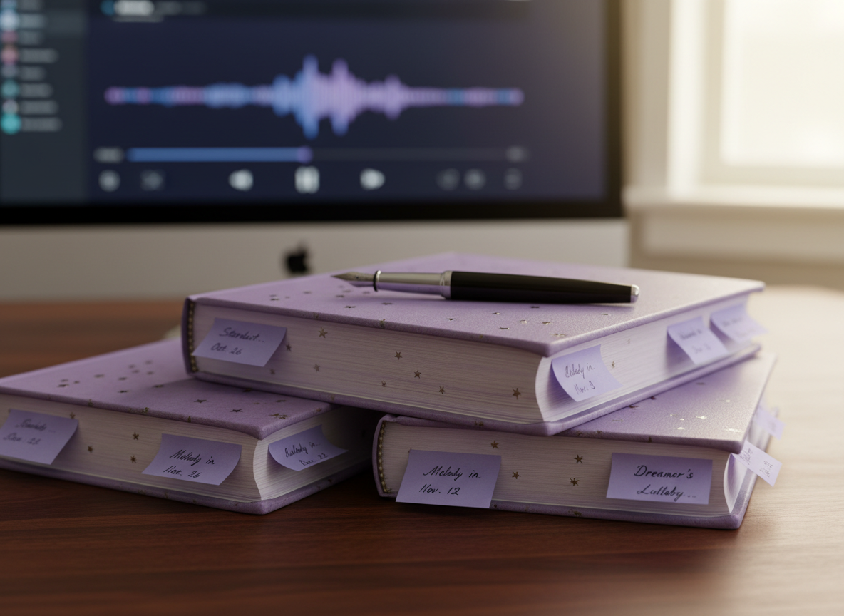 A stack of worn, lavender-toned hardcover journals embossed with tiny silver stars, arranged in a gentle spiral on a dark walnut desk. Between the pages peek violet sticky notes labeled with song titles and dates in elegant handwriting, never revealing full words. A sleek black fountain pen rests on the top journal, its nib catching soft, diffused golden-hour light from an unseen window. In the blurred background, a muted computer screen glows with an abstract music player interface. Captured at eye level with a cinematic, shallow depth of field, the mood is contemplative and sophisticated, evoking private reflections on beloved music without showing any people.