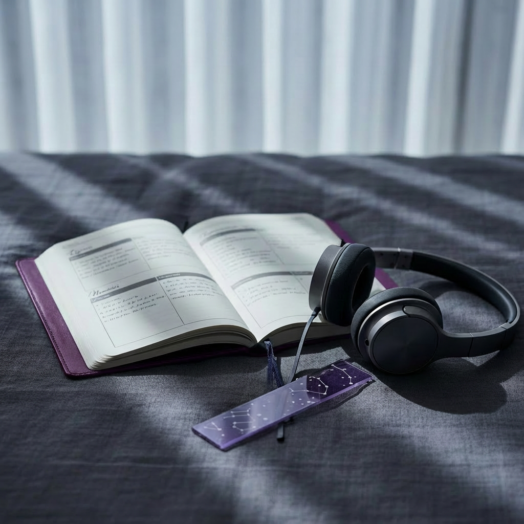 An open midnight-blue notebook lies on a charcoal linen duvet, its pages filled with neatly organized sections titled “Lyrics,” “Memories,” and “Recommendations” in refined script, but with the actual text softly blurred. Beside it, a pair of wireless headphones with matte silver accents rests atop a slender, translucent purple bookmark etched with tiny constellations. Moonlight filters through sheer curtains, casting cool, cinematic streaks across the bedding and highlighting subtle textures. Shot from a slightly elevated angle with a narrow depth of field, the atmosphere feels intimate, quiet, and sophisticated, like a late-night diary session listening to favorite BTS tracks.